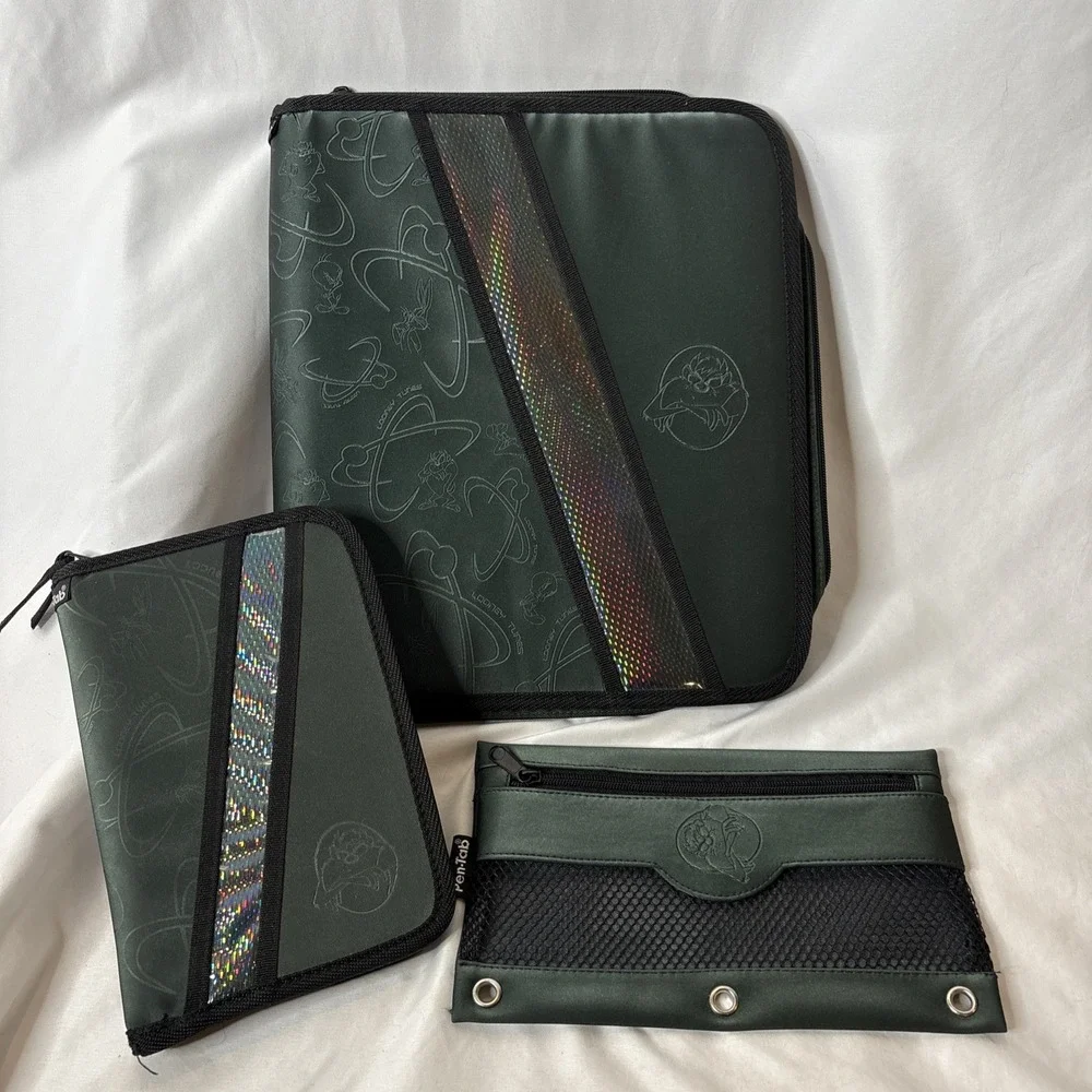 LOONEY TUNES Warner Bros 2000 PEN TAB Taz Devil 3 Pc Binder School Set Green Vtg